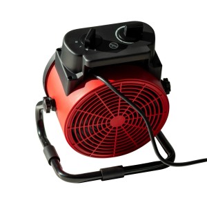 Czerwony elektryczny grzejnik wentylatorowy z czarną ramą i elementami sterującymi.