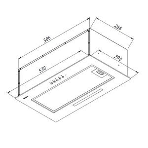 Rysunek techniczny płaskiego okapu kuchennego z wymiarami.