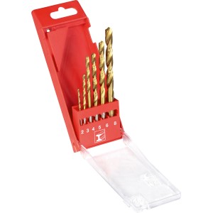 Zestaw wierteł do metalu LUX Classic, 6 sztuk, ze złotymi wiertłami HSS w czerwonym plastikowym pudełku.