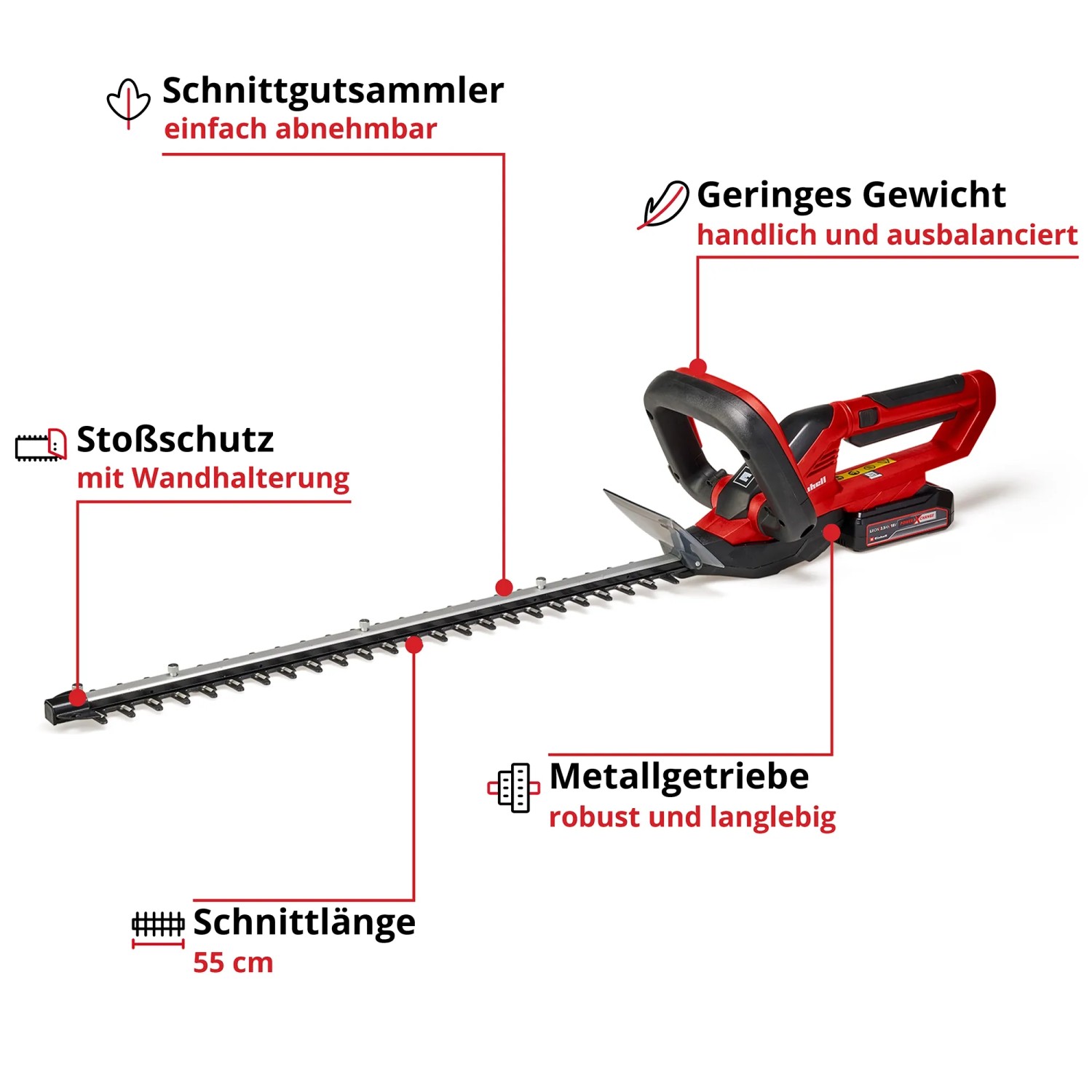 Akumulatorowe nożyce do żywopłotu Einhell GC-CH 1855/1 Li Kit, czerwono-czarne, z akumulatorem 18V i ostrzem 55cm.