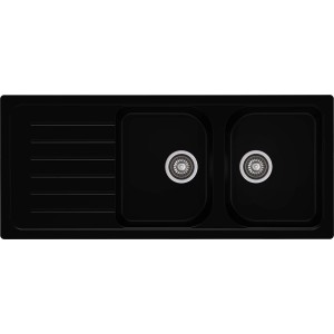 Czarny zlewozmywak granitowy t.b.t. z dwiema komorami i ociekaczem.