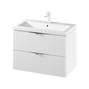 Biały zestaw mebli łazienkowych t.b.t. z umywalką i dwiema szufladami.