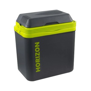 Szaro-zielony pojemnik chłodzący na akcesoria kempingowe z napisem "Horizon".