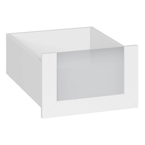 Otwarta, biała szuflada do szafy lub komody.