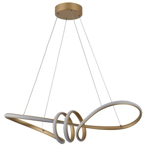 Nowoczesna złota lampa wisząca LED z zakrzywionym wzorem dla stylowego oświetlenia.