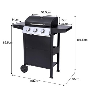 Czarny grill gazowy z trzema palnikami i półkami bocznymi, wymiary zaznaczone.