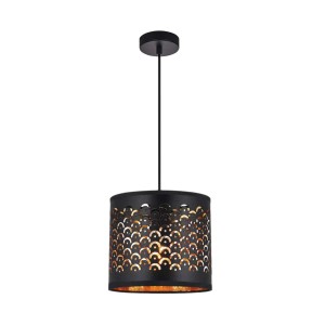 Czarna lampa wisząca t.b.t. z dekoracyjnym, perforowanym abażurem.