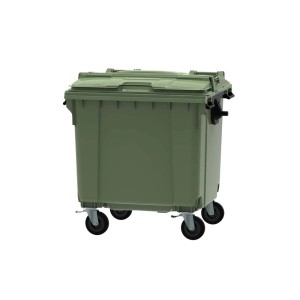 Zielony pojemnik na odpady z pokrywą i kółkami do usuwania odpadów.