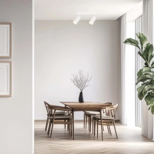 Biała lampa sufitowa LED t.b.t. w nowoczesnej jadalni. Reflektory do elastycznego oświetlenia.