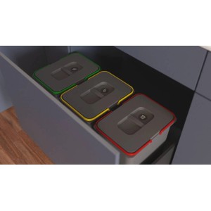 System segregacji odpadów t.b.t. do kuchni z trzema kolorowymi pojemnikami w szufladzie.