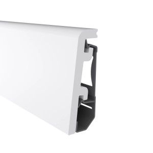 Biała listwa przypodłogowa t.b.t. z systemem klipsów dla łatwego montażu.