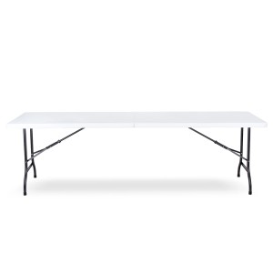 Biały składany stół ogrodowy z czarną ramą.