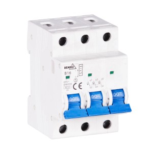 Trójbiegunowy wyłącznik nadprądowy (B16) z niebieskimi przełącznikami dla OBI.