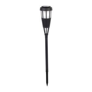 Czarna lampa solarna w kształcie pochodni do ścieżek ogrodowych.