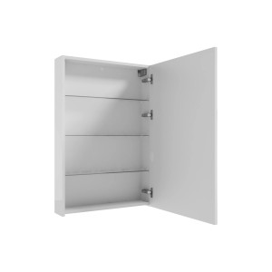 Otwarta, biała szafka z lustrem t.b.t. z szklanymi półkami.