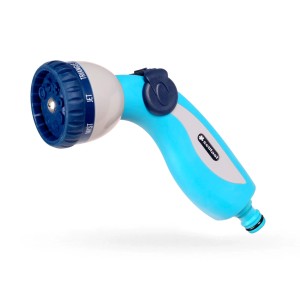 Jasnoniebieski pistolet ogrodowy z różnymi wzorami natrysku do nawadniania ogrodu.