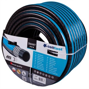 Wąż ogrodowy Cellfast Smart ATS 25m (3/4), zwinięty, niebiesko-czarny, z etykietą.