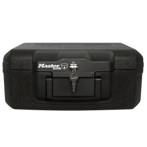 Czarna, ognioodporna kaseta bezpieczeństwa Master Lock L1200 (5 l) z kluczem.