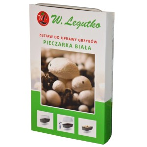 Opakowanie zestawu do uprawy grzybów 't.b.t.' z ilustracją pieczarek.