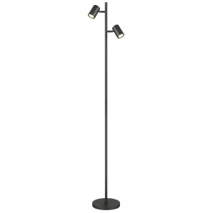 Czarna lampa podłogowa t.b.t. z dwoma regulowanymi reflektorami do salonu.