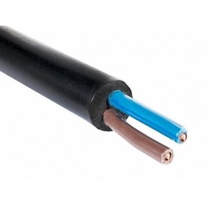 Czarny kabel zasilający z niebieskimi i brązowymi przewodami. Izolacja z tworzywa sztucznego.