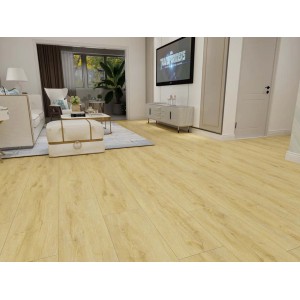 Jasny salon z ułożonymi panelami winylowymi w kolorze jasnego brązu.