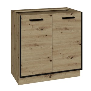 Szafka dolna w dekorze drewna z czarnymi uchwytami, część zestawu mebli kuchennych.