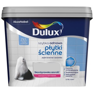 Wiadro z farbą do płytek Dulux, szary skandynawski, do szybkiej renowacji płytek ściennych.