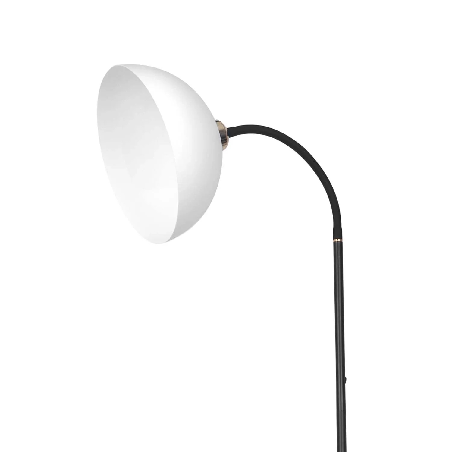 Nowoczesna lampa podłogowa t.b.t. z białym kloszem i czarną ramą.