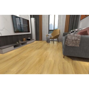 Jasny salon z ułożonymi panelami winylowymi w kolorze jasnego brązu.