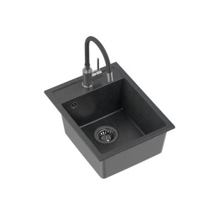 Czarny zlewozmywak granitowy t.b.t. z baterią, widok z góry.