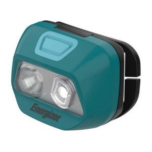 Turkusowa latarka czołowa Energizer z dwoma światłami.