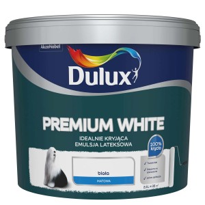 Wiadro białej farby do ścian Dulux Premium White, idealne krycie, do wnętrz.