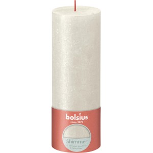 Świeca rustykalna Bolsius Shimmer, 19 cm, w kolorze kości słoniowej z metalicznym wykończeniem. Świeca filarowa do nastrojowego światła.