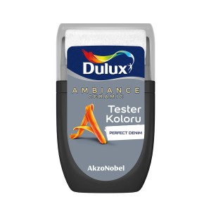 Tester koloru Dulux Ambiance Ceramic Perfect Denim, szara farba do ścian.