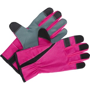 Różowe rękawice florystyczne rozmiar 7 z funkcją ekranu dotykowego i antypoślizgowymi wypustkami PVC.