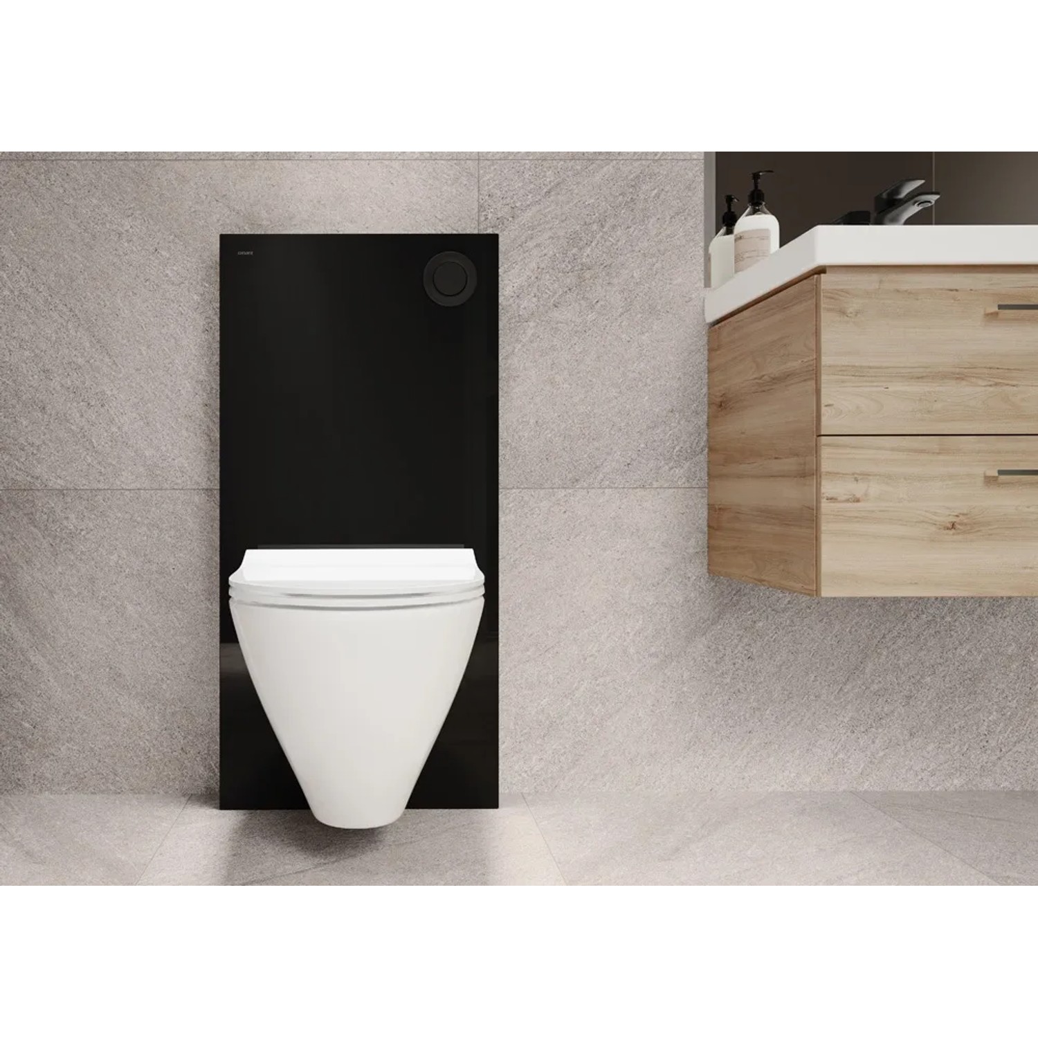 Nowoczesny zestaw WC z czarną ścianką i wiszącą miską WC w łazience.