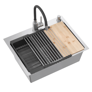 Zlewozmywak ze stali nierdzewnej t.b.t. z baterią, ociekaczem i deską do krojenia.