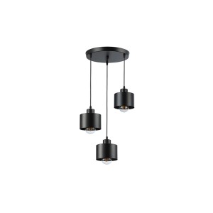 Czarna lampa wisząca t.b.t. z trzema cylindrycznymi kloszami.