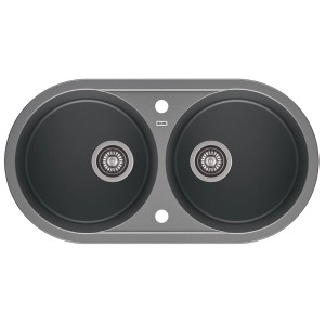 Szary zlewozmywak granitowy t.b.t. z dwiema komorami i okrągłym kształtem.