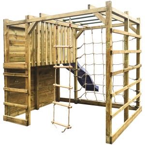 Wieża do zabawy Cubic Sigma z drewna sosnowego FSC® ze zjeżdżalnią, ścianką wspinaczkową i ścianką linową dla dzieci.