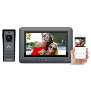 Zestaw domofonowy Eura ze stacją zewnętrzną, monitorem i sterowaniem aplikacją na smartfona.