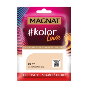 MAGNAT #kolorLove farba do ścian KL37 Klasyczny Beż, próbka koloru na opakowaniu.