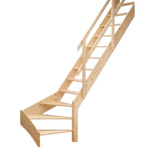 Surowe drewniane schody wewnętrzne z poręczą.