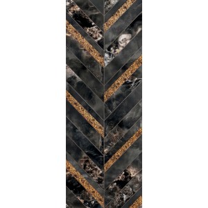 Czarno-złota płytka dekoracyjna w jodełkę do aranżacji ścian.