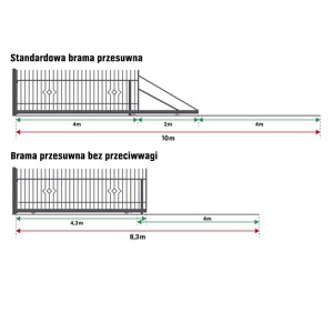 Szkic: Metalowa brama ogrodzeniowa, różne wersje z wymiarami.