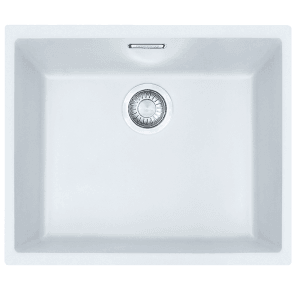 Biały zlewozmywak granitowy t.b.t., widok z góry.