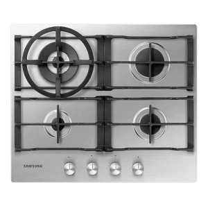 Płyta kuchenna ze stali nierdzewnej firmy Samsung z czterema palnikami gazowymi i pokrętłami sterującymi.