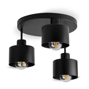 Czarna lampa sufitowa t.b.t. z trzema cylindrycznymi kloszami.