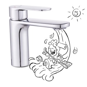 Nowoczesna chromowana bateria umywalkowa ze stylizowaną ilustracją wody.